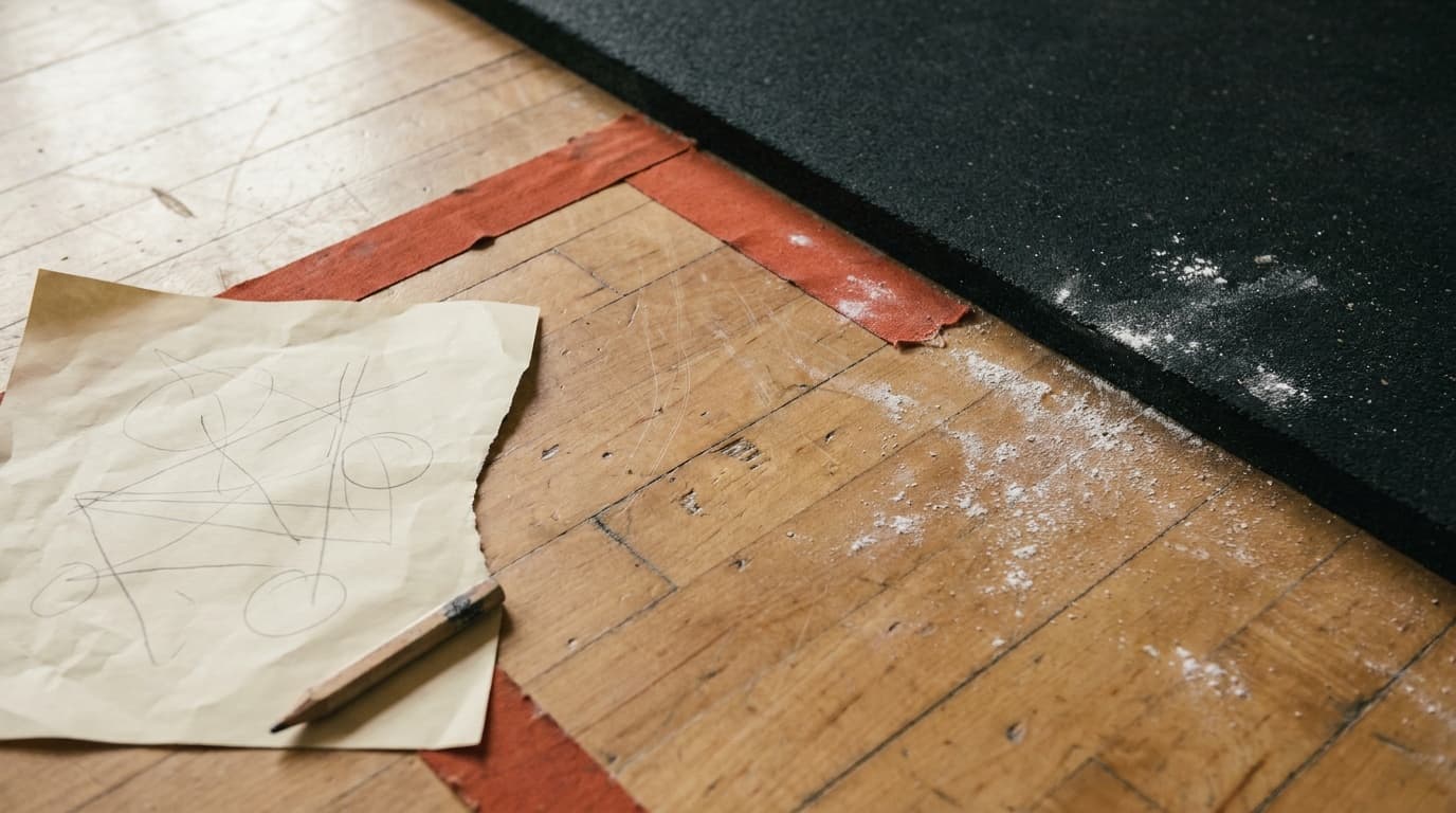 A scuffed maple training floor with a vermilion tape mark, paper plan, pencil, and rubber mat