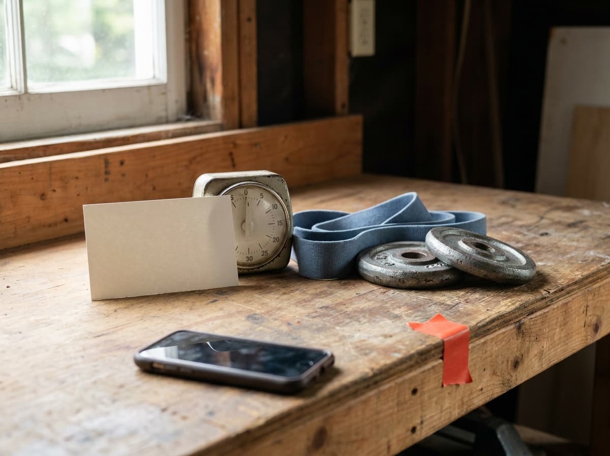 A paper training plan, timer, bands, weight plates, and phone on a wooden workbench