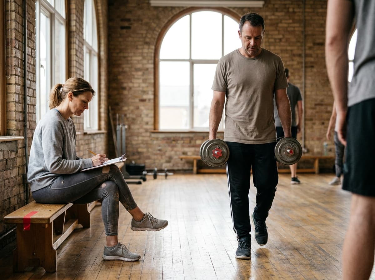 Two adults sharing a repeatable strength session while one records the work